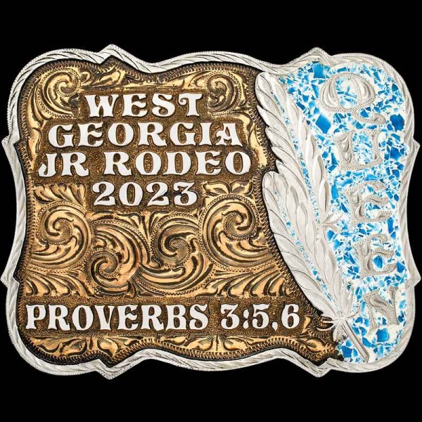 Feel the spirit of the West with our unique Gunnison Turquoise Buckle! A unique customizable buckle with 2D feathers and a gorgeus golden hand engraved jeweler's bronze base!